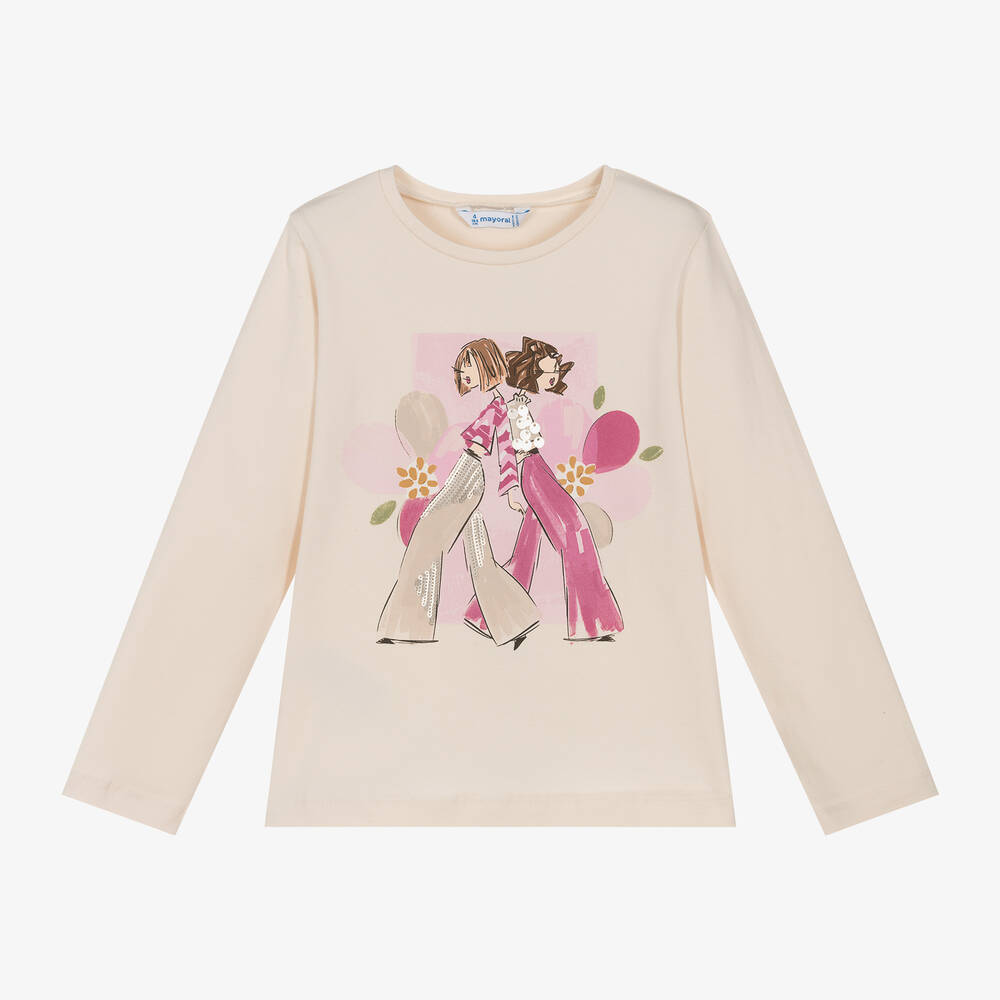 Mayoral - Girls Ivory Cotton Sequin Graphic Top | Childrensalon