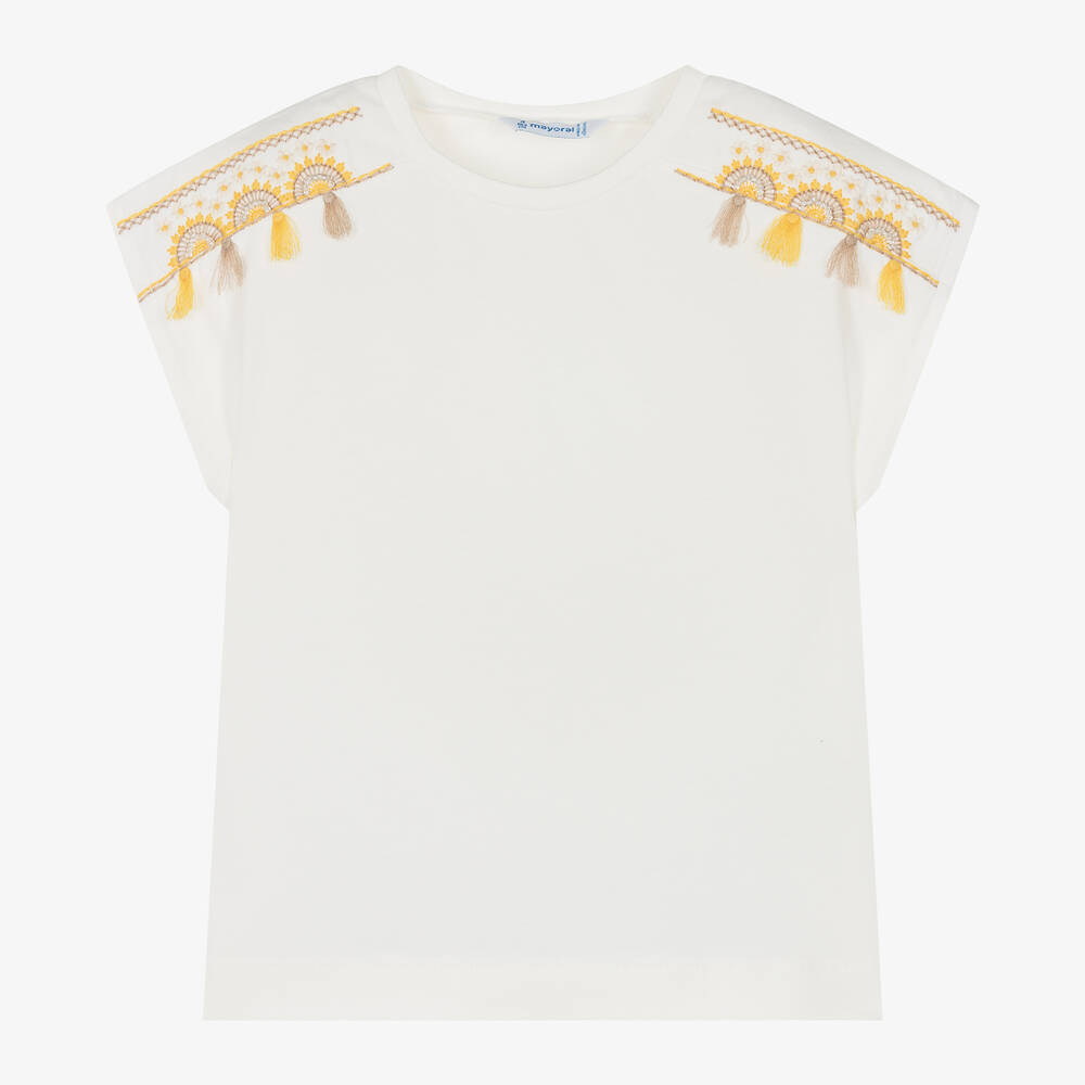 Mayoral - Girls Ivory Cotton Tassel T-Shirt | Childrensalon