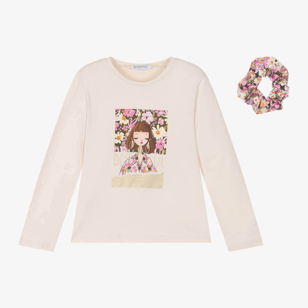 Mayoral - Girls Ivory Cotton Top & Floral Scrunchie | Childrensalon