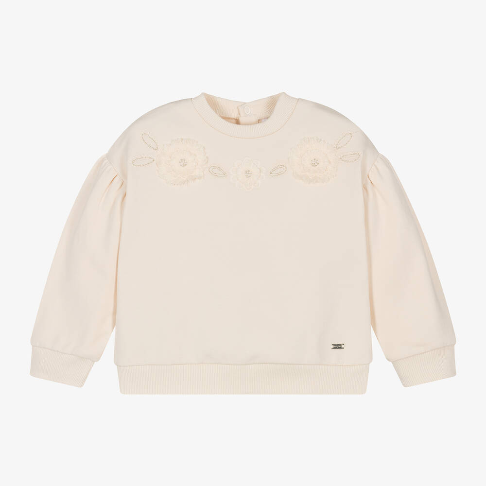 Mayoral - Girls Ivory Embroidered Cotton Sweatshirt | Childrensalon