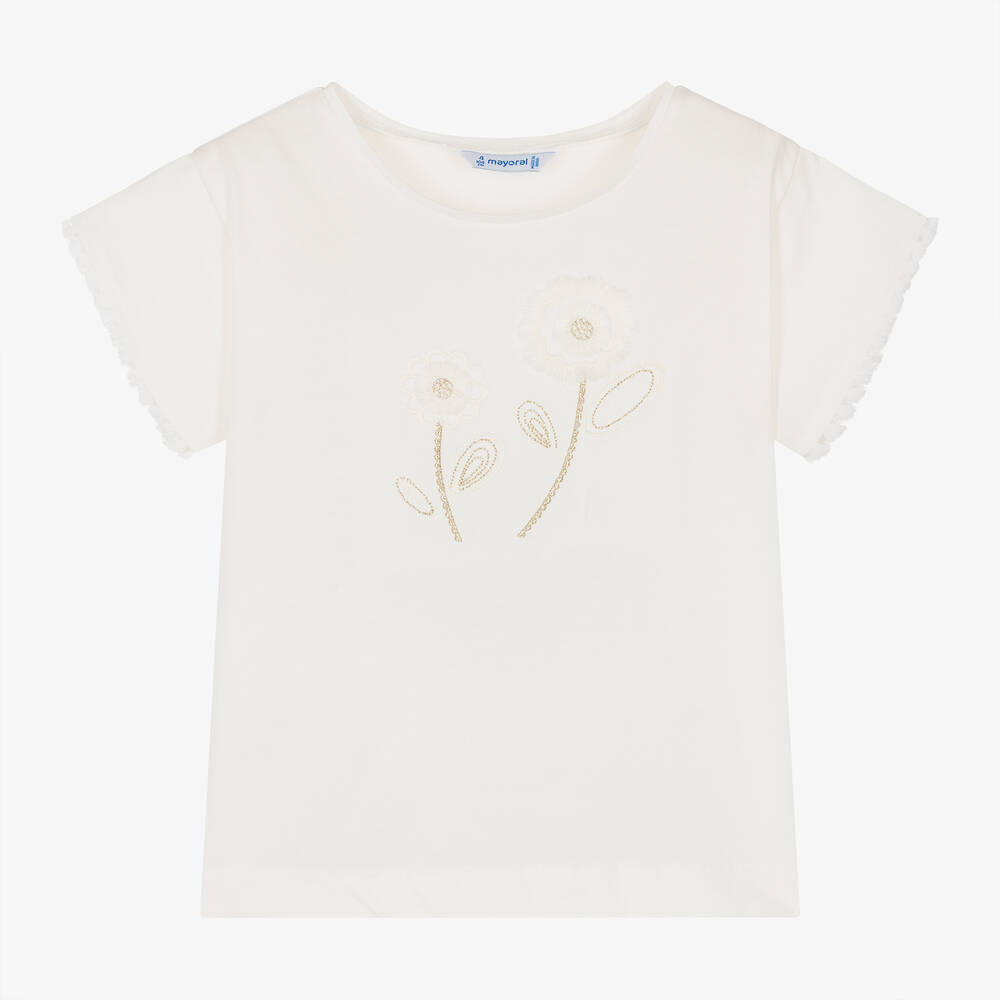 Mayoral - Girls Ivory Embroidered Cotton T-Shirt | Childrensalon
