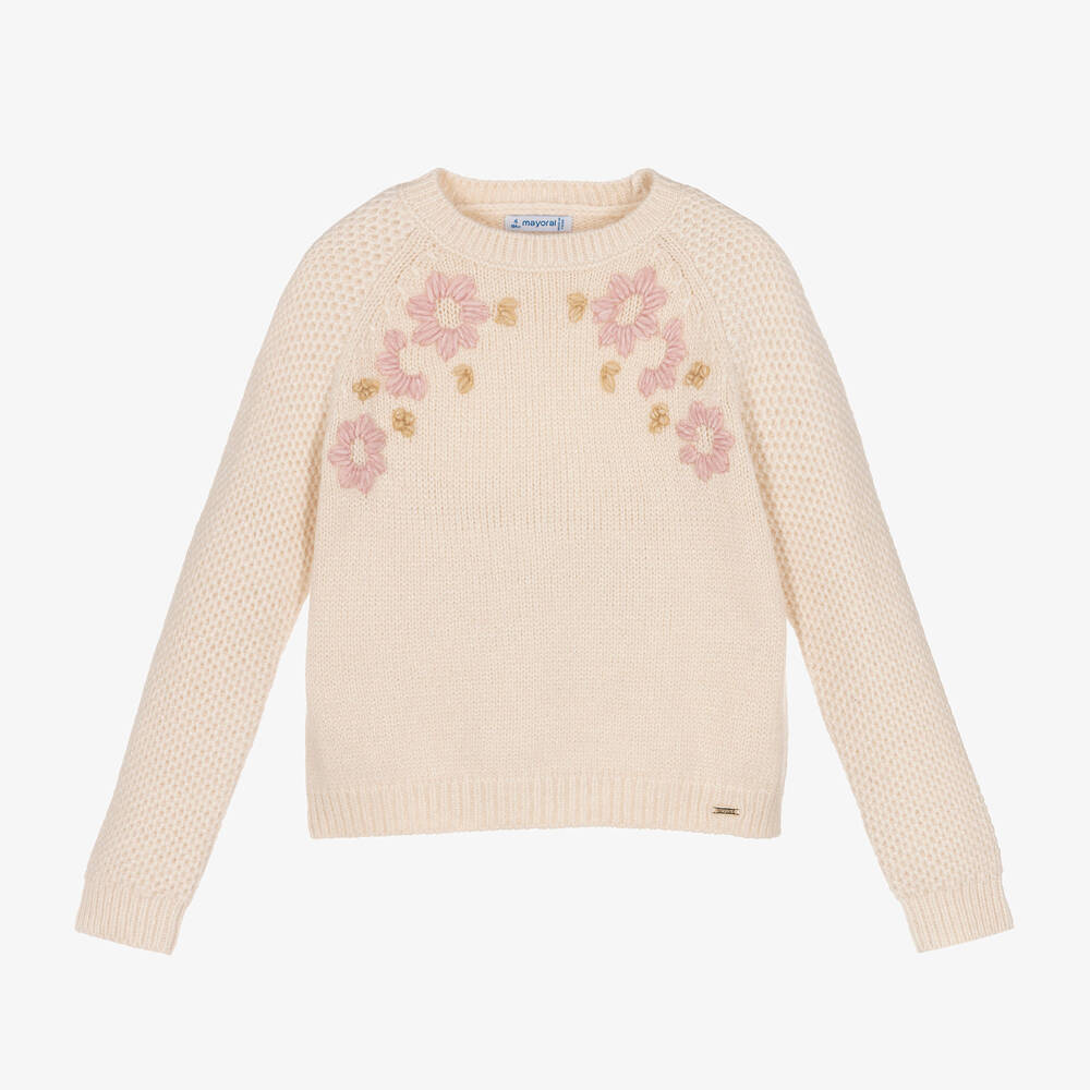 Mayoral - Girls Ivory Knitted Floral Sweater | Childrensalon