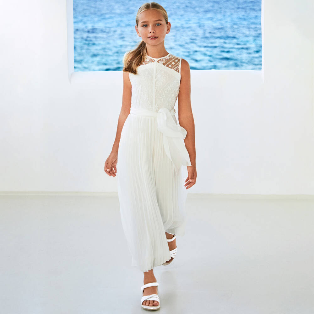 Mayoral-Girls Ivory Lace & Plissé Jumpsuit | Childrensalon