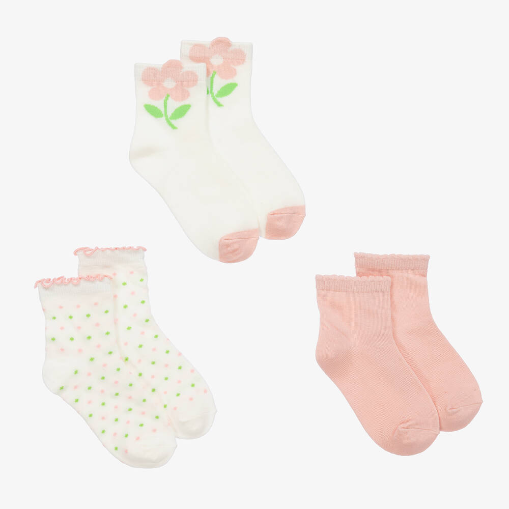 Mayoral - Girls Ivory & Pink Cotton Socks (3 Pack) | Childrensalon
