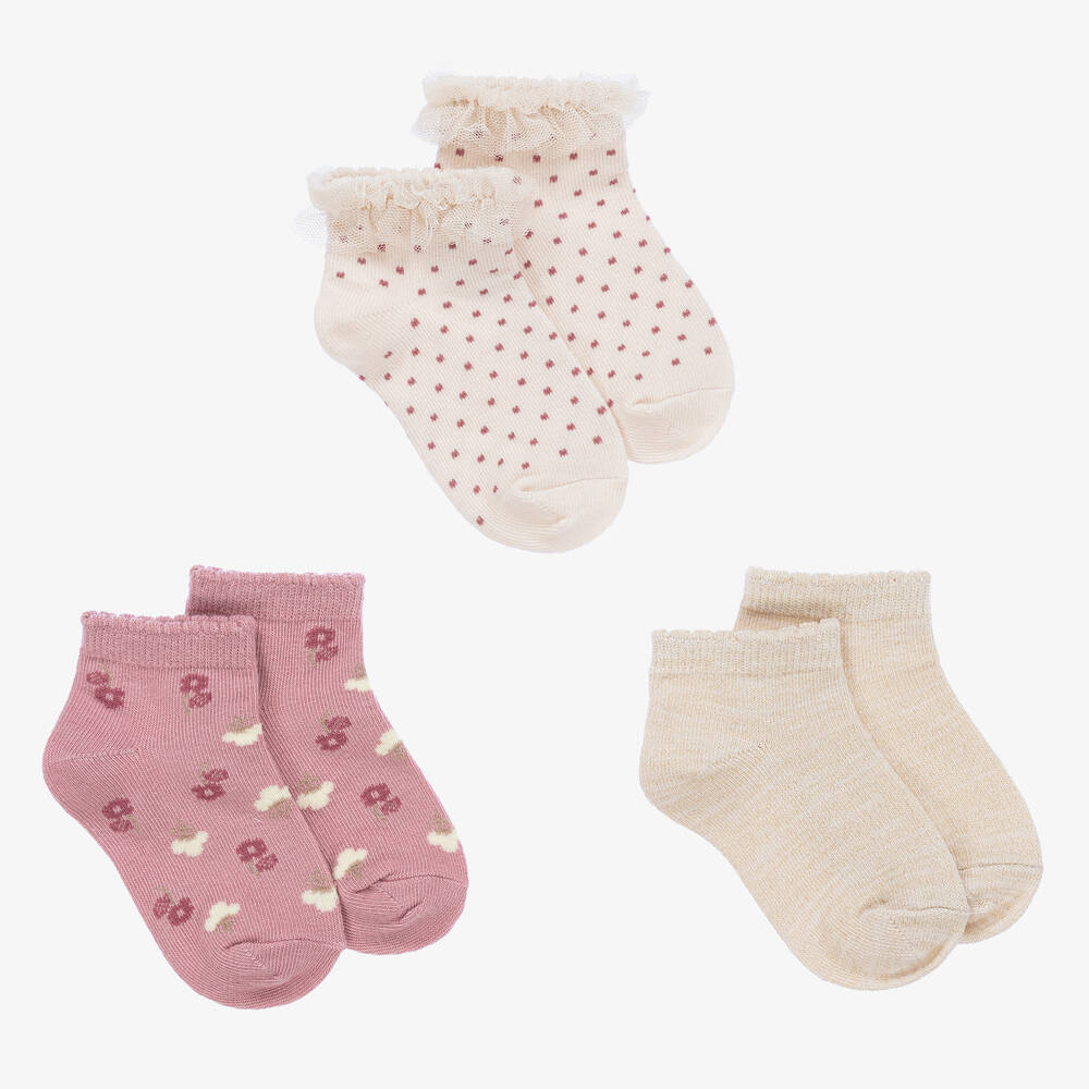 Mayoral - Girls Ivory & Pink Cotton Socks (3 Pack) | Childrensalon