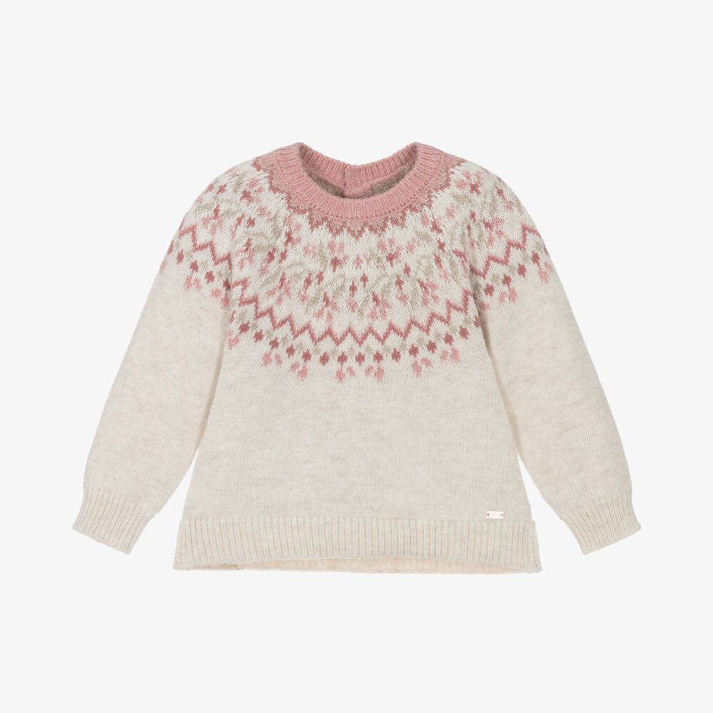 Mayoral - Girls Ivory & Pink Fair Isle Sweater | Childrensalon