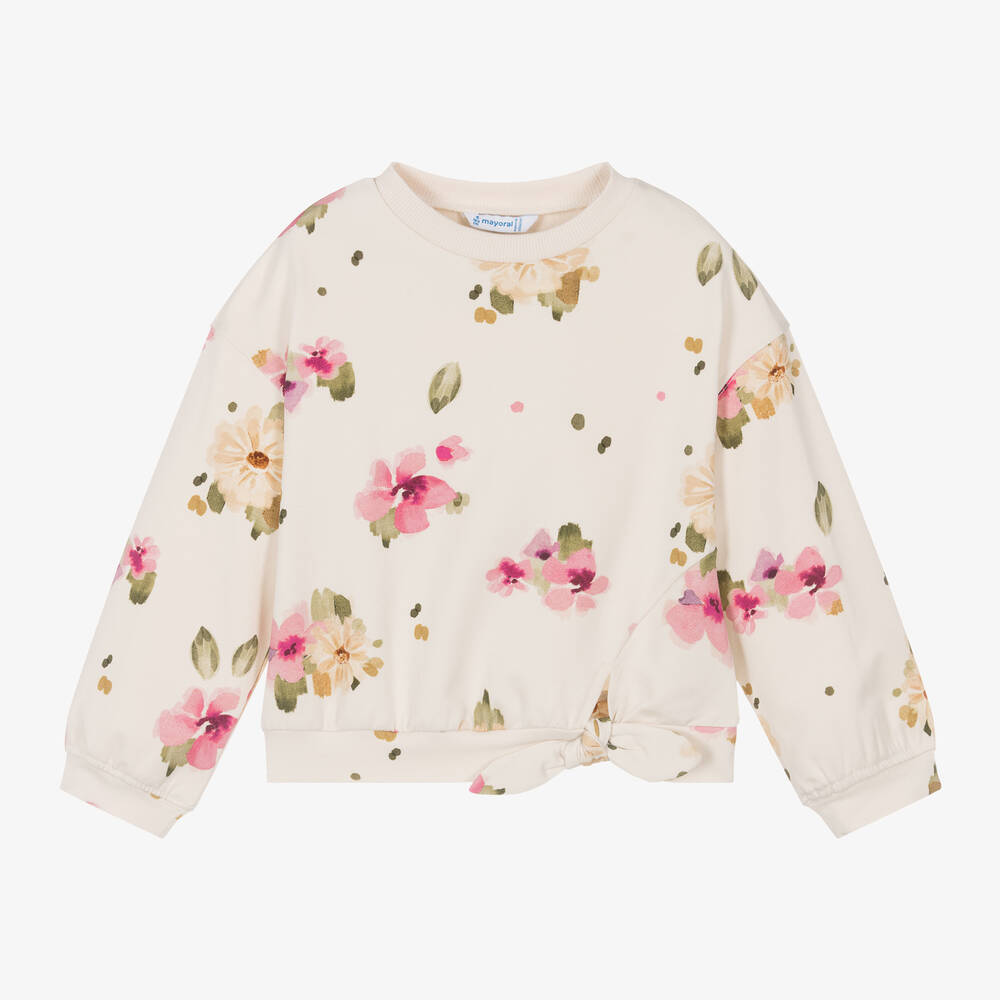 Mayoral - Girls Ivory & Pink Floral Cotton Sweatshirt | Childrensalon