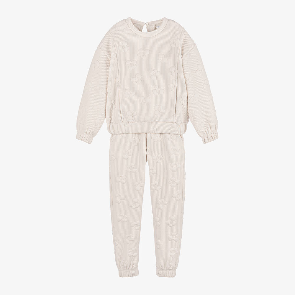 Mayoral - Girls Ivory Ribbed Flower Tracksuit  | Childrensalon