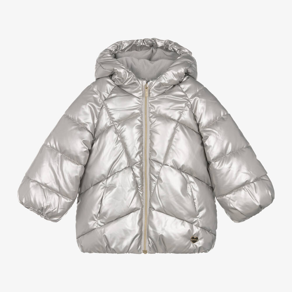 Mayoral - Girls Metallic Silver Hooded Puffer Coat | Childrensalon