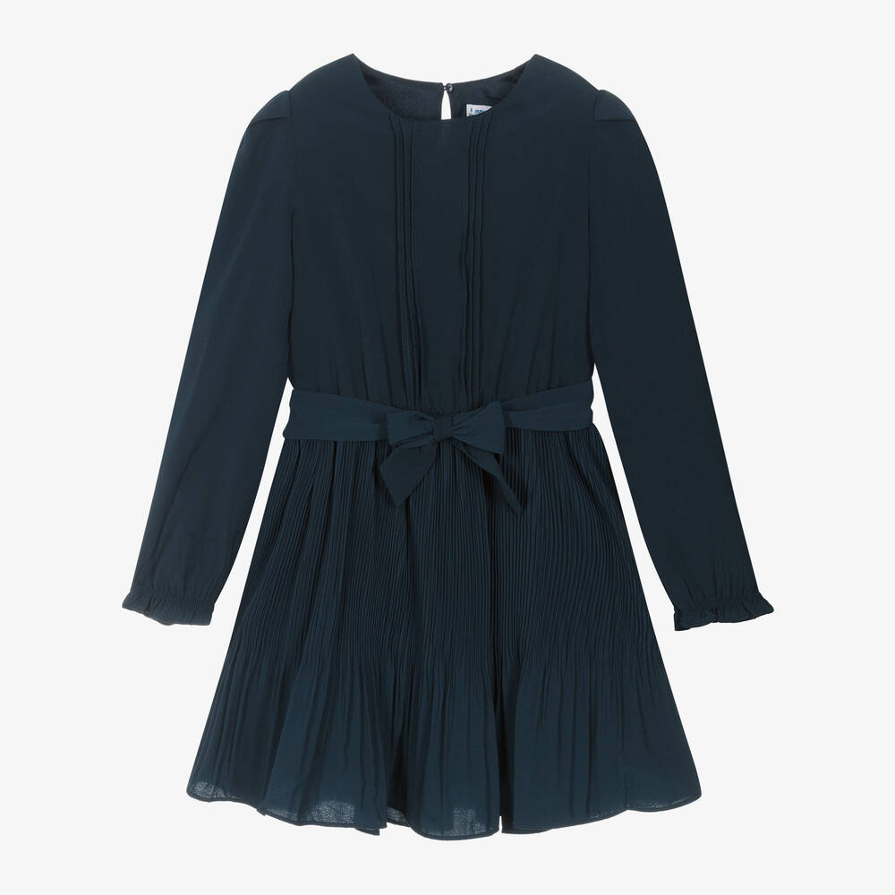 Mayoral - Girls Navy Blue Chiffon Pleated Dress | Childrensalon