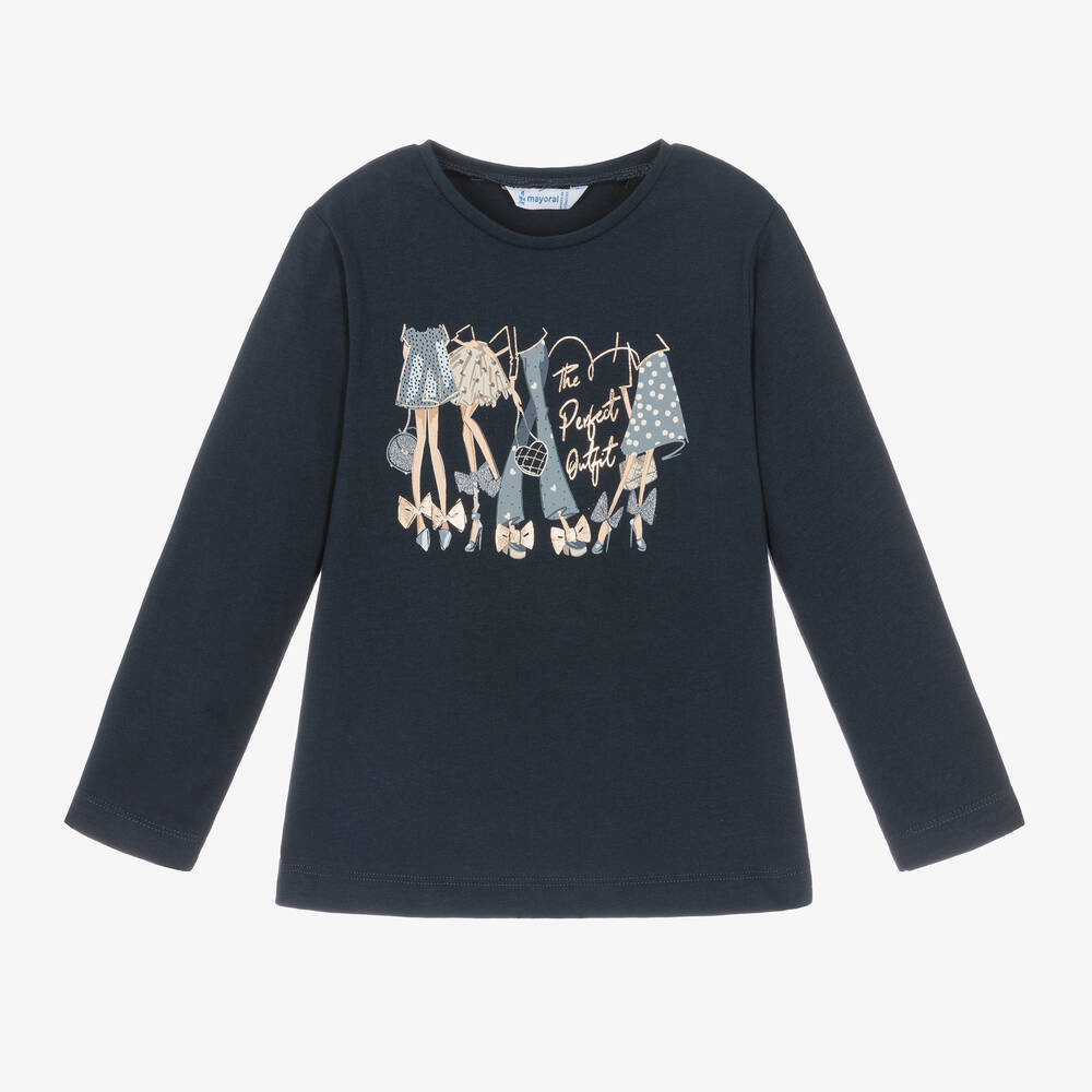 Mayoral -  Girls Navy Blue Cotton Outfit Print Top | Childrensalon