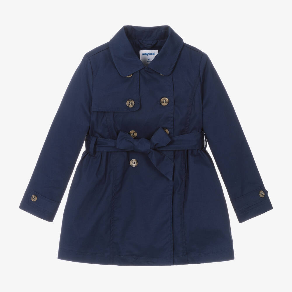 Mayoral Kids' Girls Navy Blue Cotton Trench Coat
