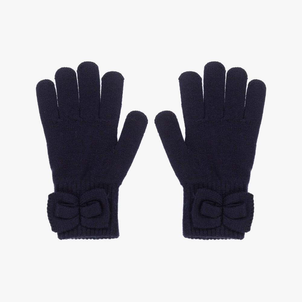 Mayoral - Girls Navy Blue Knitted Bow Gloves  | Childrensalon