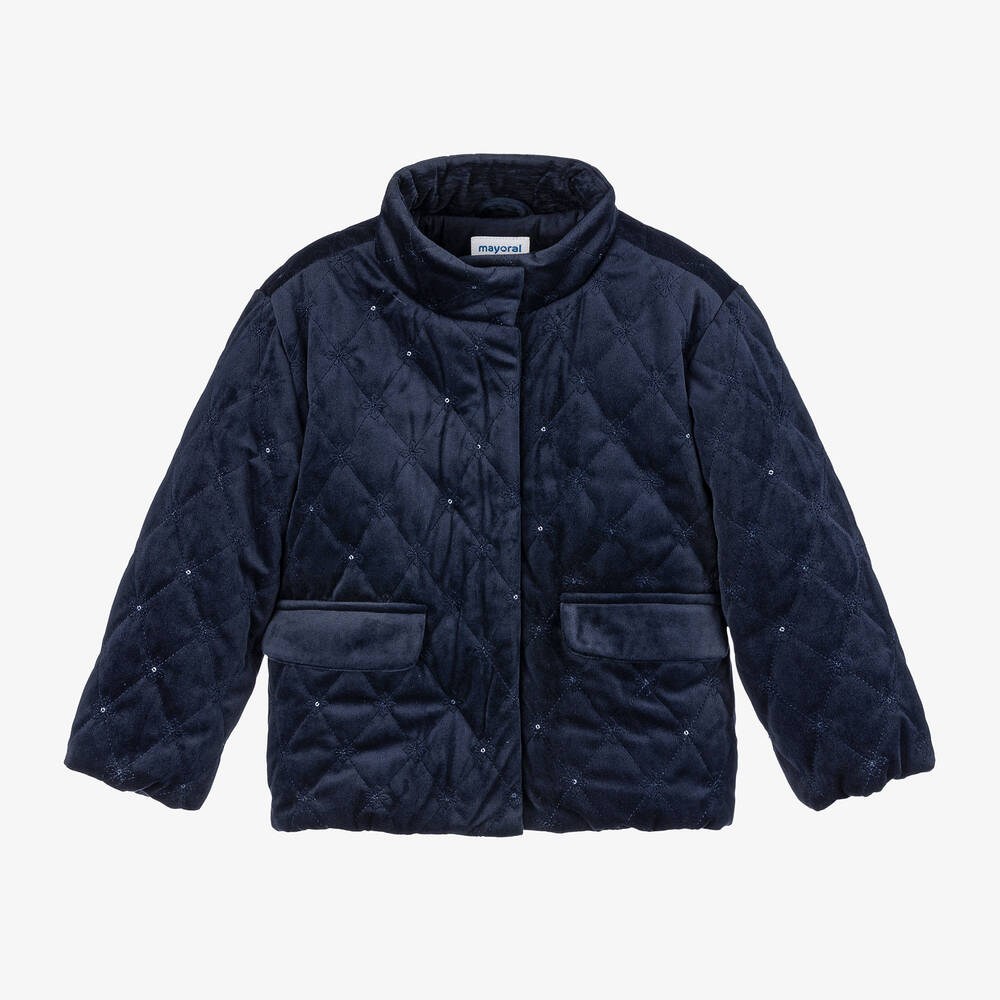 Mayoral - Girls Navy Blue Quilted Velvet Jacket | Childrensalon