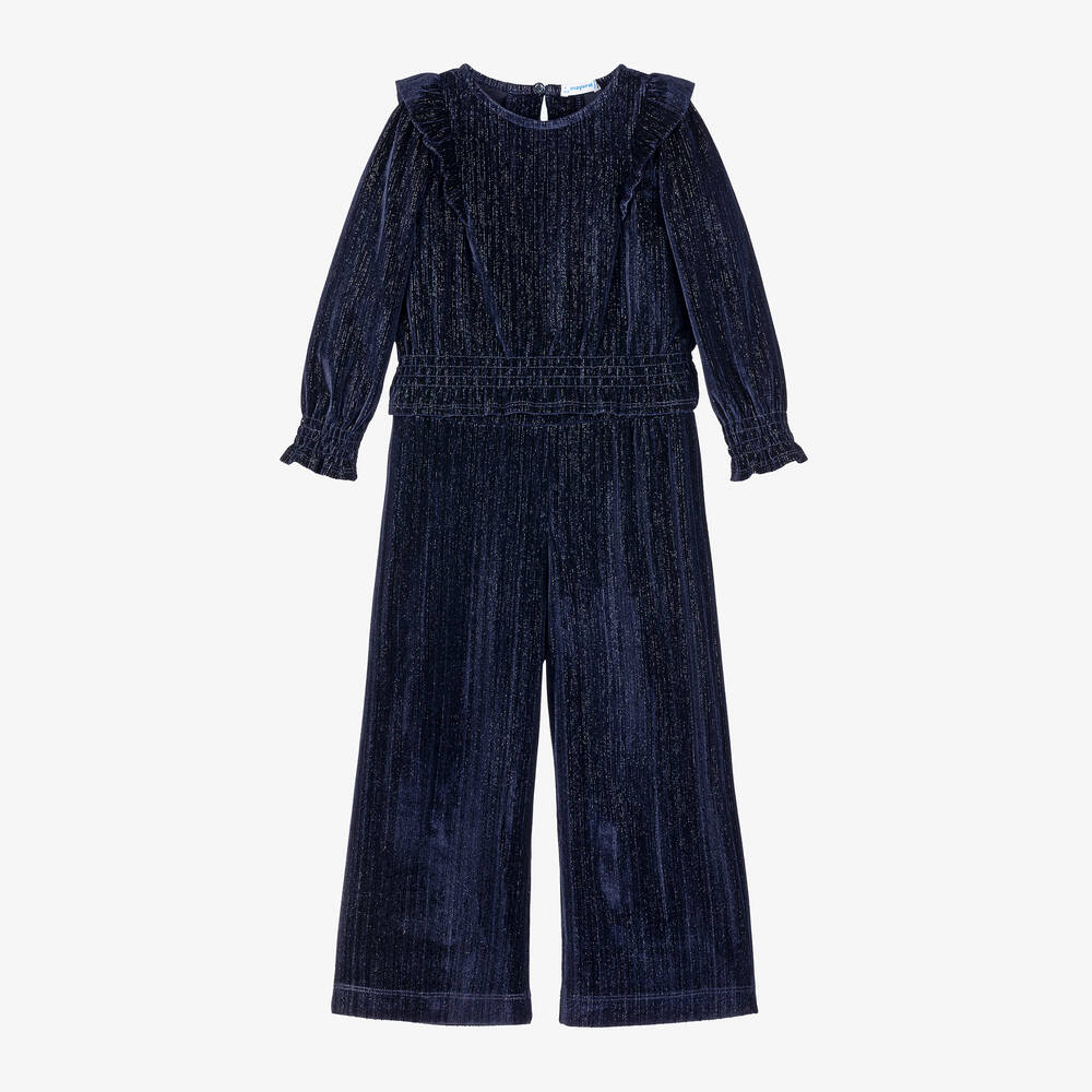 Mayoral - Girls Navy Blue Sparkle Velour Trouser Set | Childrensalon