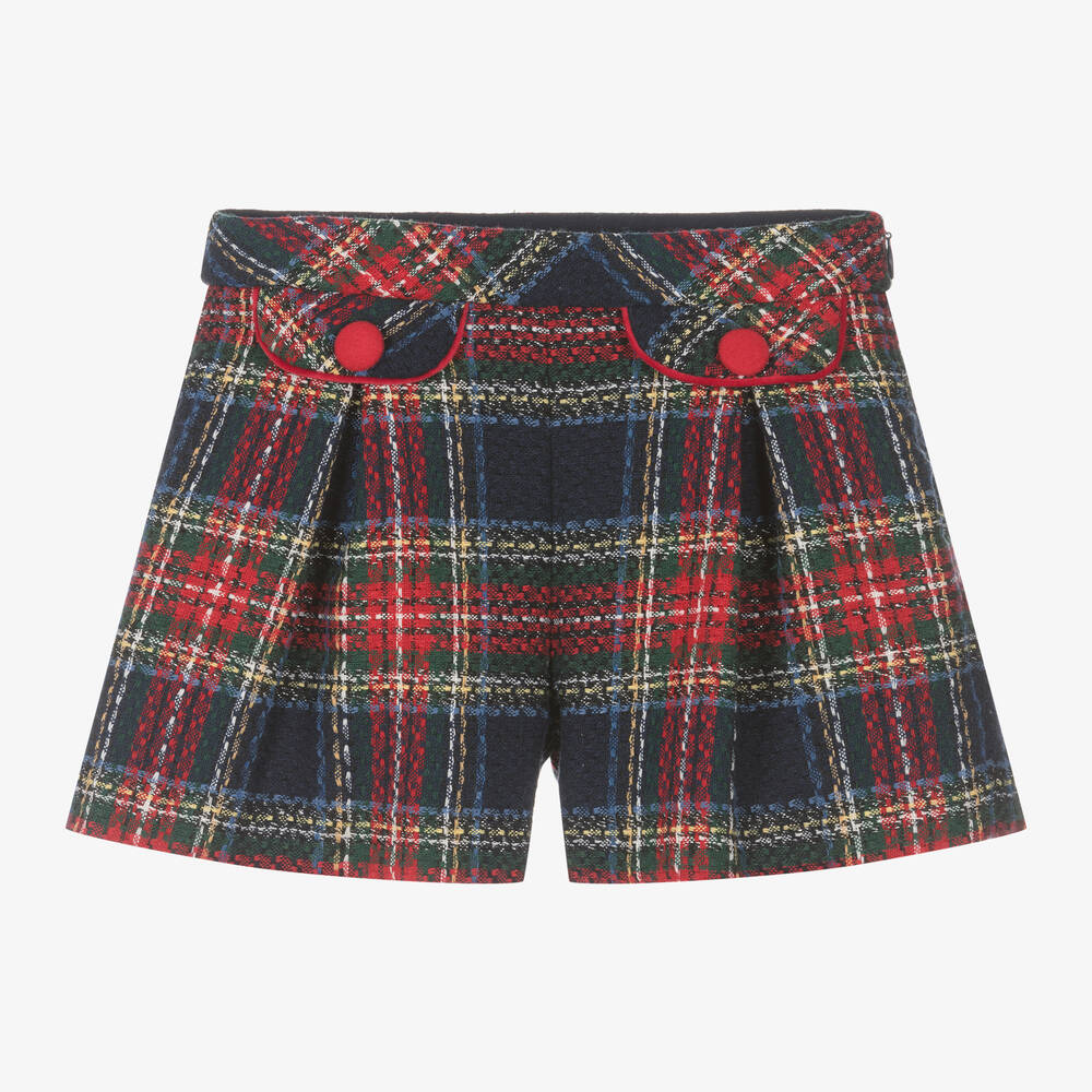 Mayoral - Girls Navy Blue Tartan Tweed Shorts | Childrensalon