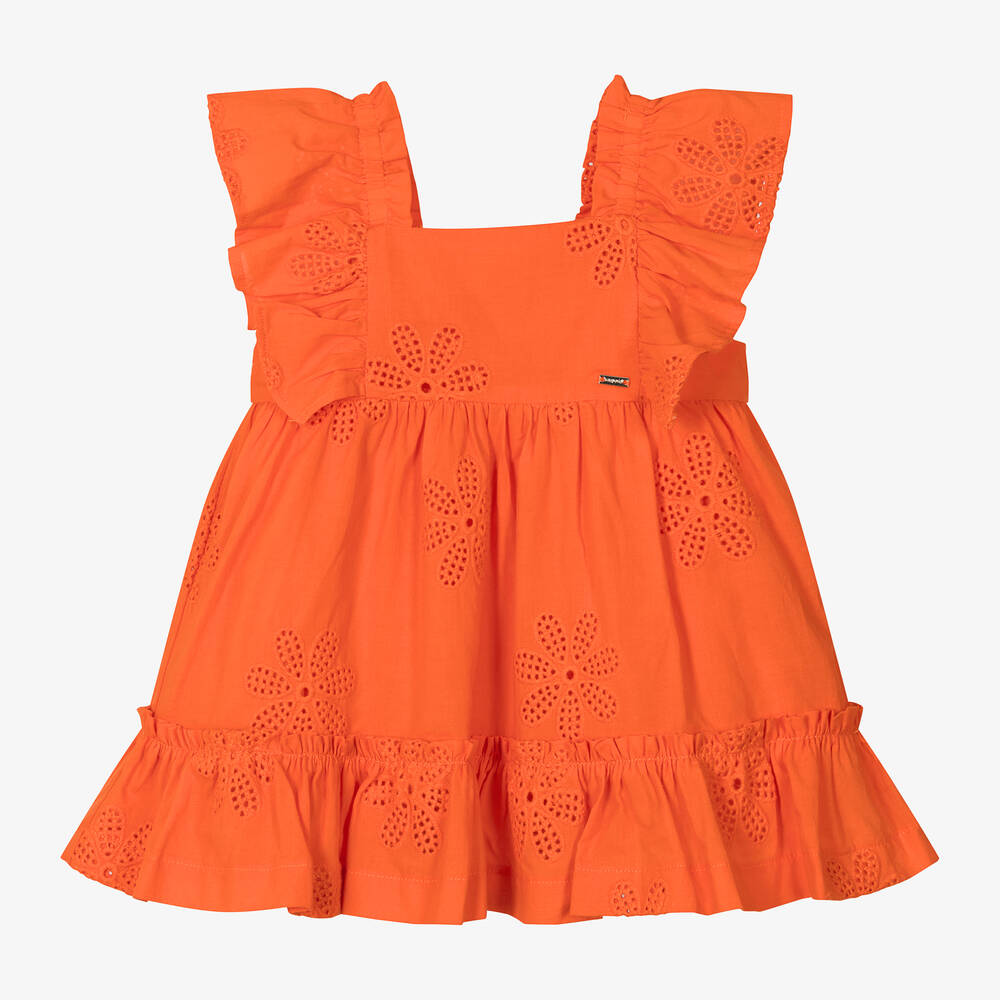 Mayoral - Girls Orange Cotton Broderie Anglaise Dress | Childrensalon