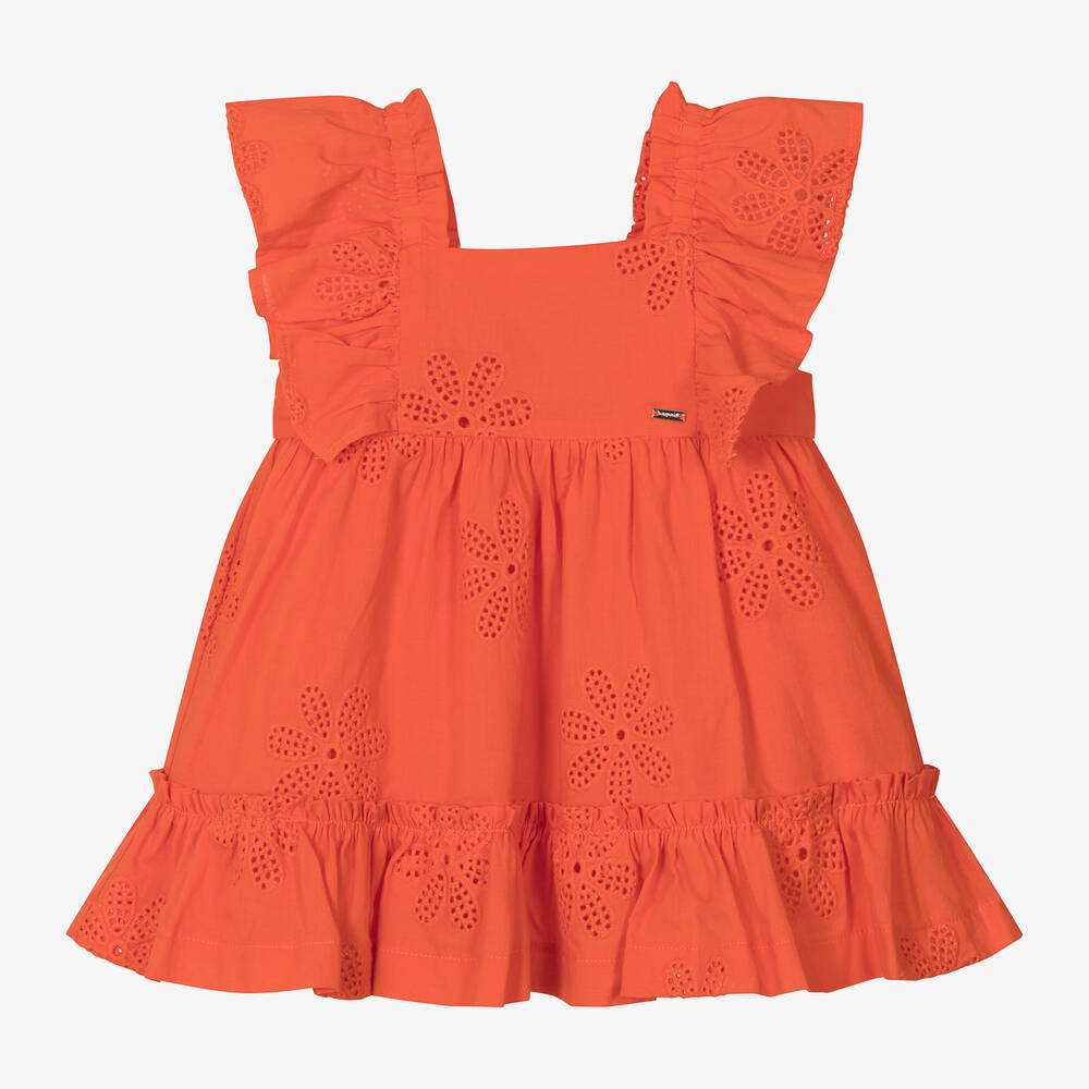 Shop Mayoral Girls Orange Cotton Broderie Anglaise Dress
