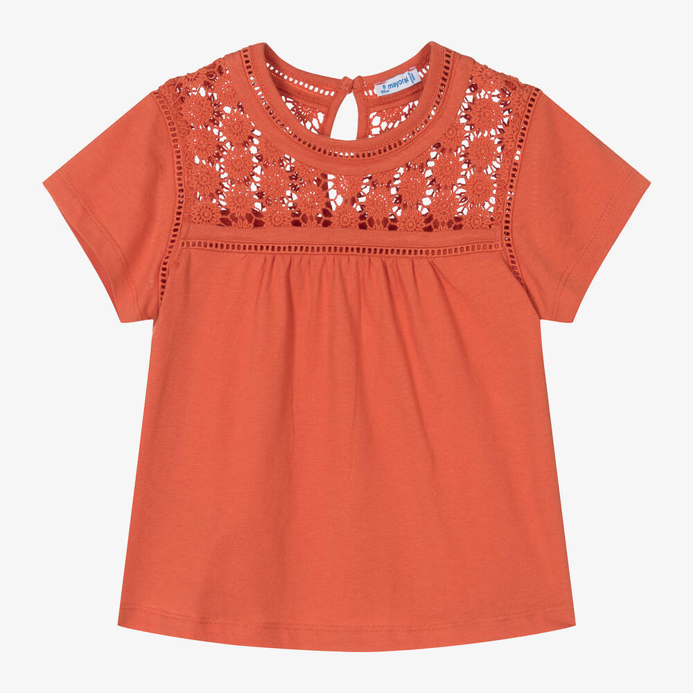 Shop Mayoral Girls Orange Cotton Crochet T-shirt