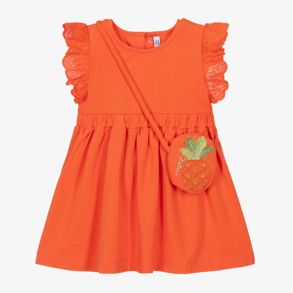 Mayoral - طقم حقيبة وفستان أطفال بناتي قطن لون برتقالي | Childrensalon