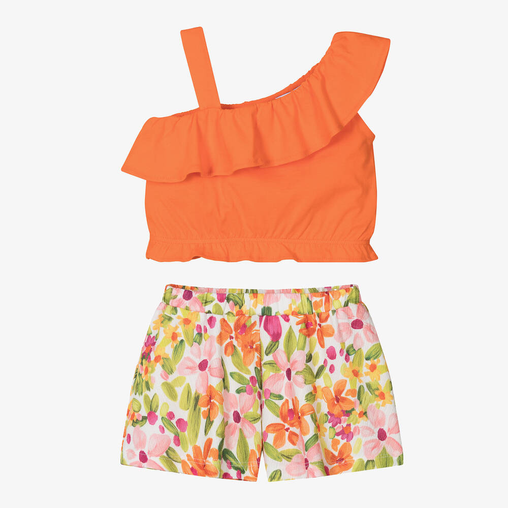 Mayoral - Girls Orange Cotton Floral Short Set | Childrensalon