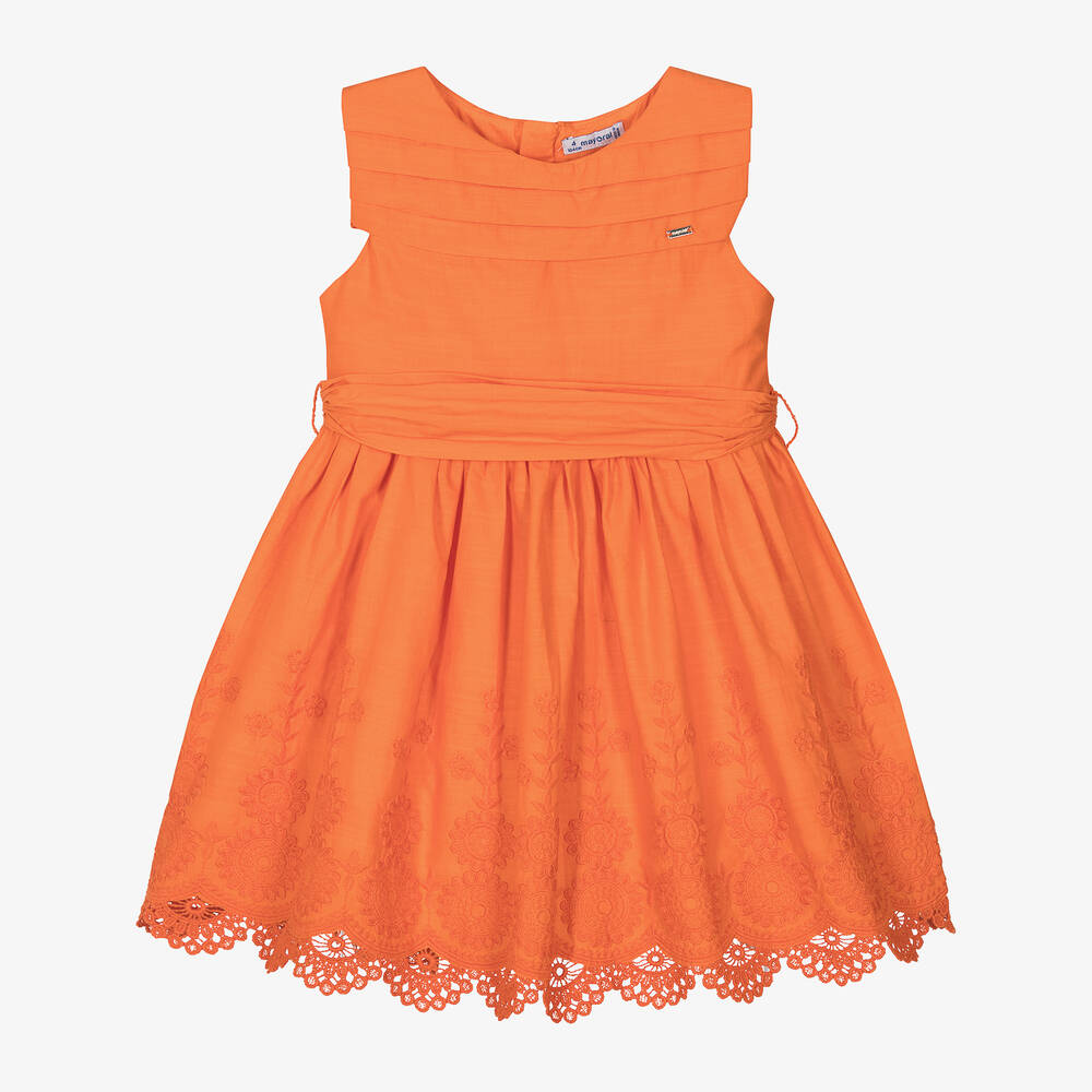 Mayoral - Girls Orange Embroidered Cotton Dress | Childrensalon