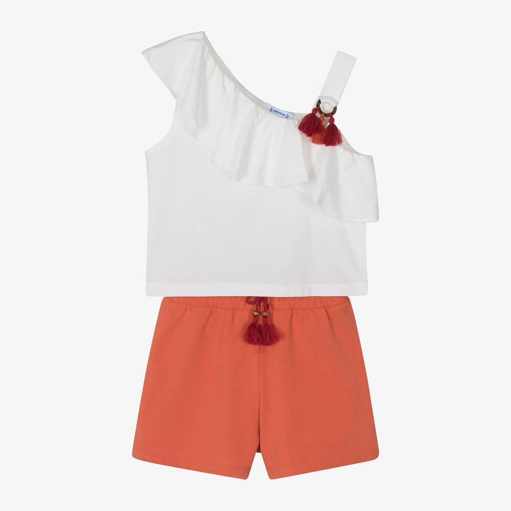 Mayoral - Girls Orange & Ivory Cotton Shorts Set | Childrensalon