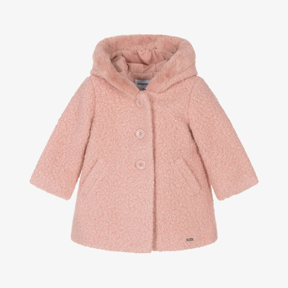 Mayoral - Girls Pink Bouclé Hooded Coat | Childrensalon