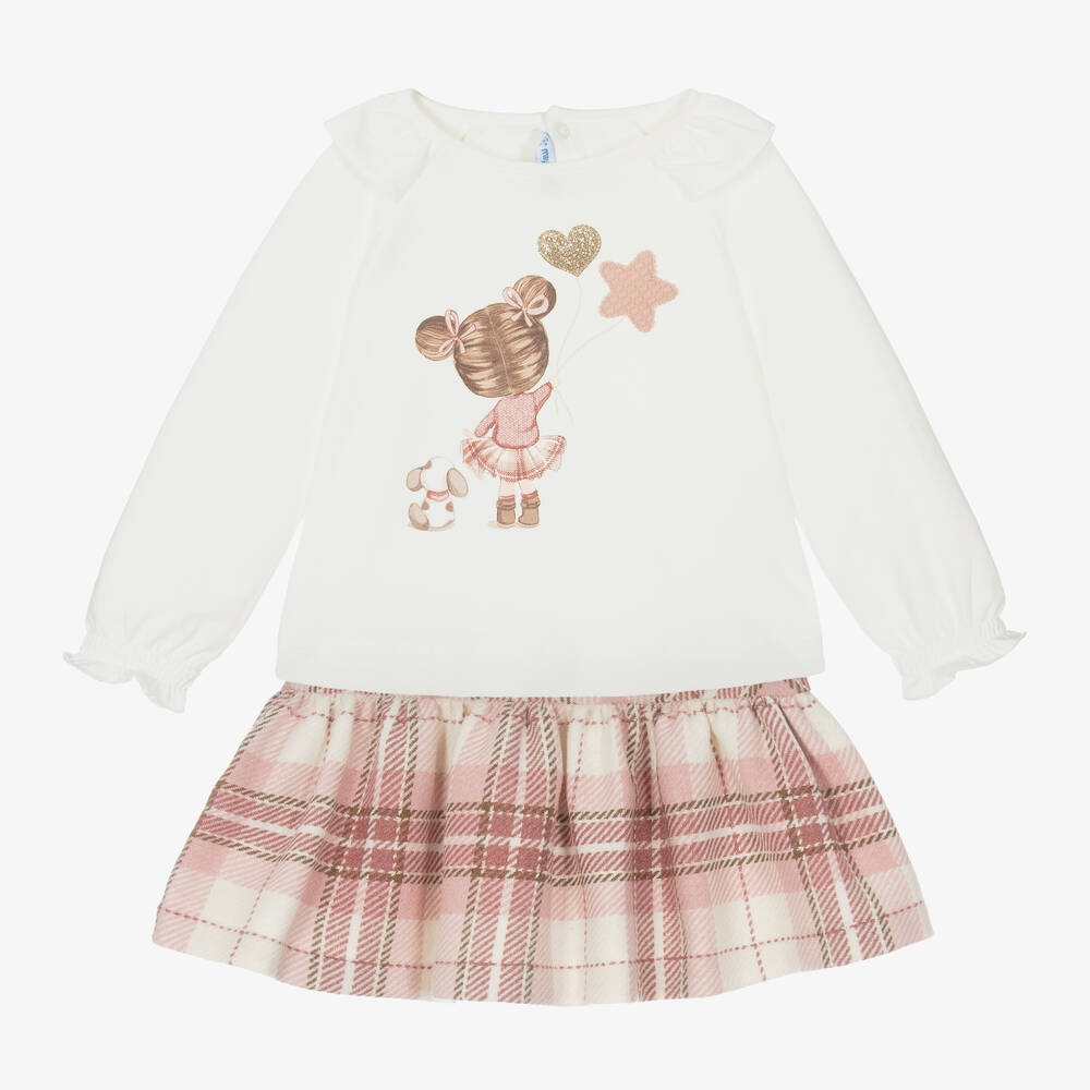 Mayoral - Girls Pink Check Skirt Set | Childrensalon