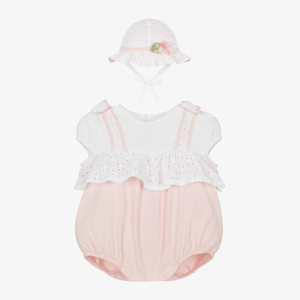 Mayoral - Girls Pink Cotton Babysuit & Hat Set | Childrensalon
