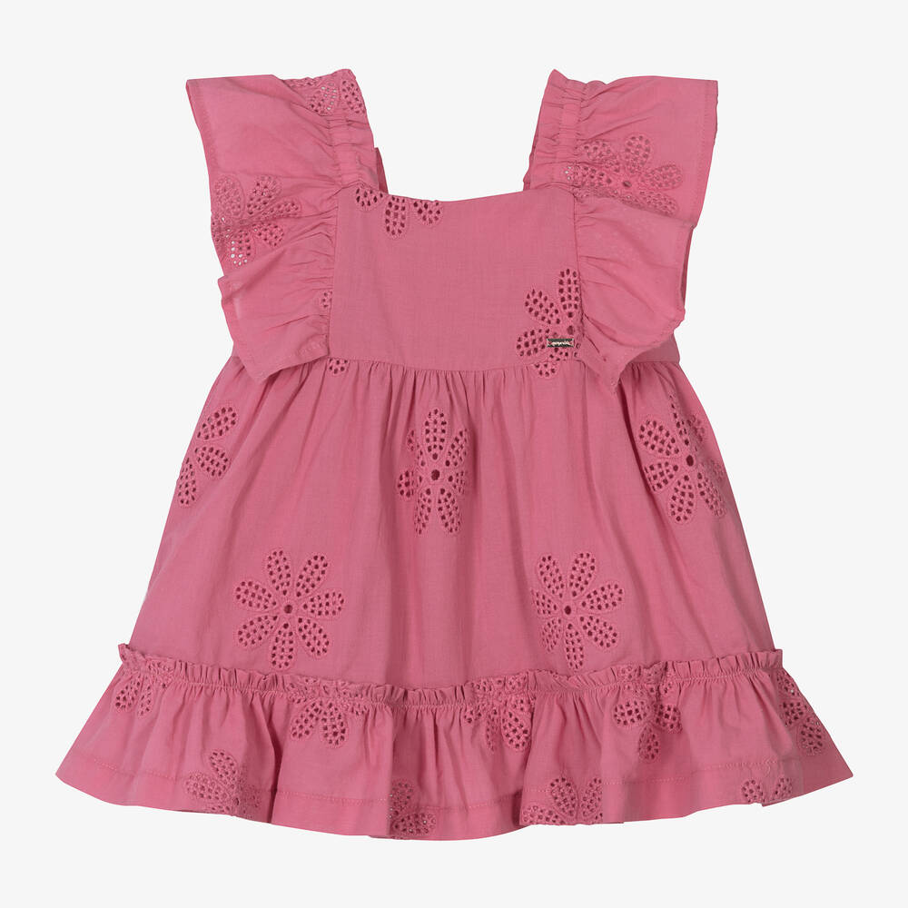 Mayoral - Girls Pink Cotton Broderie Anglaise Dress | Childrensalon