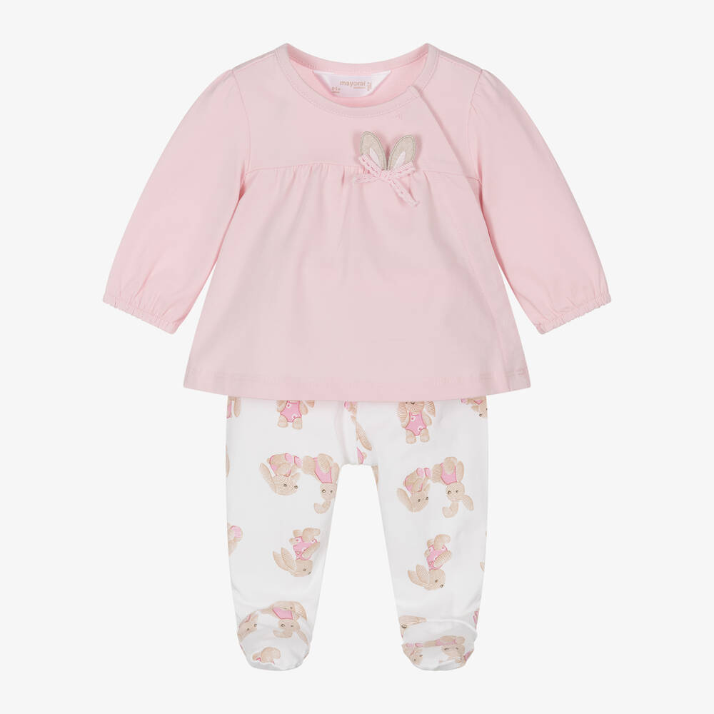 Mayoral - Girls Pink Cotton Bunny 2 Piece Babygrow | Childrensalon