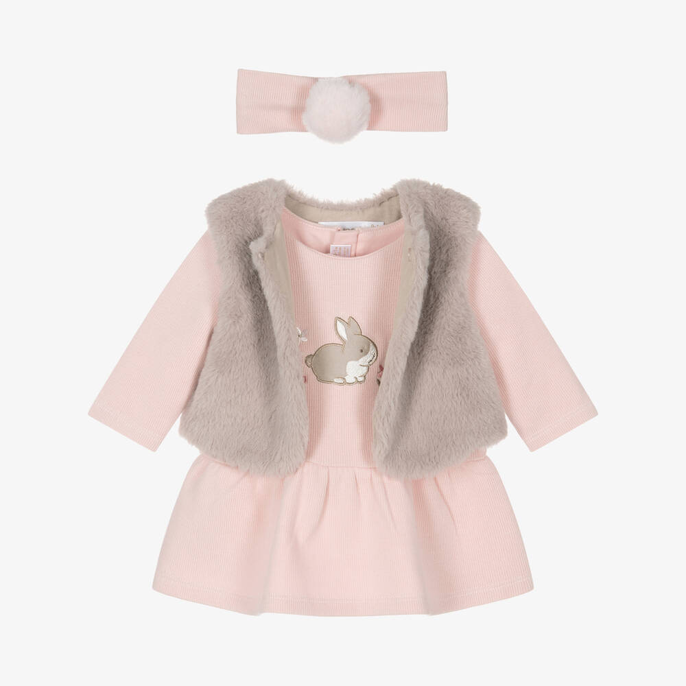 Mayoral Newborn - Girls Pink Cotton & Faux Fur Dress Set | Childrensalon