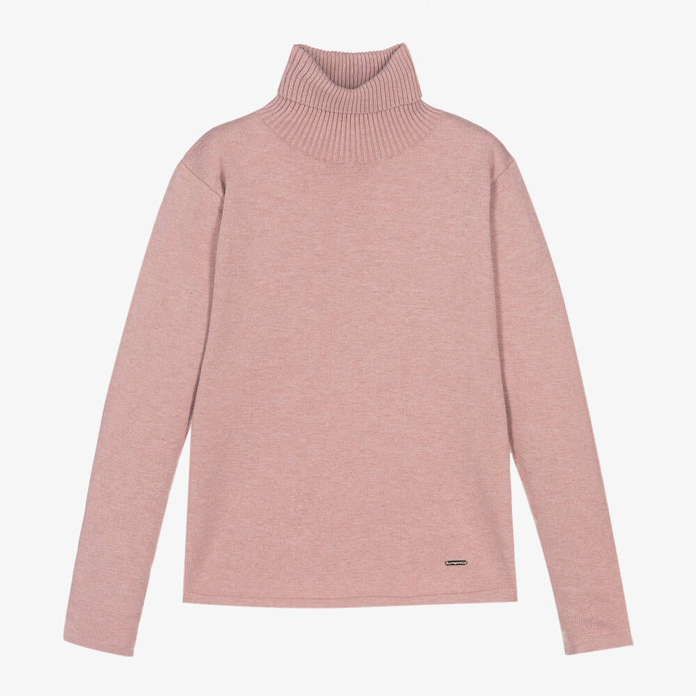 Mayoral - Girls Pink Cotton Knit Roll Neck Sweater | Childrensalon