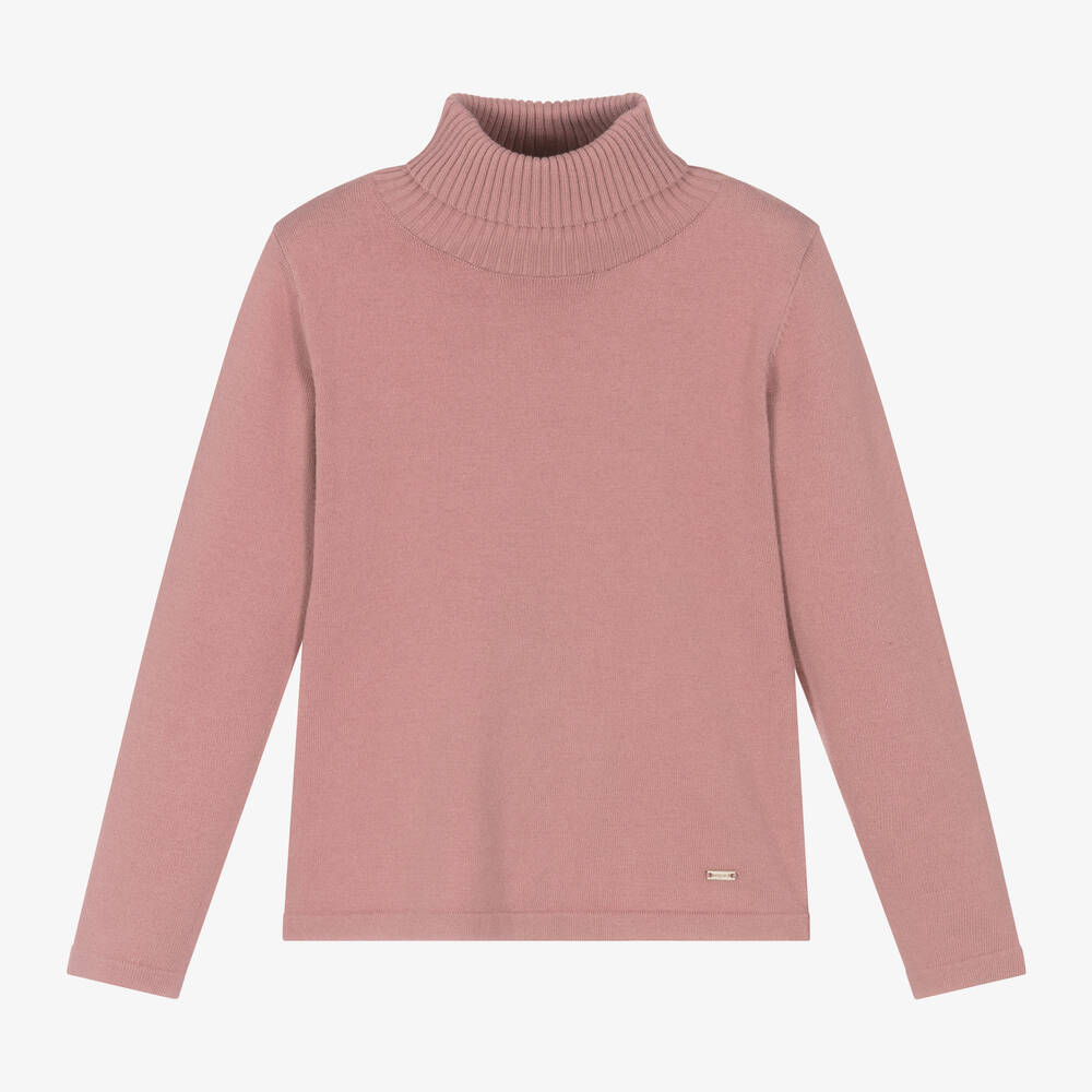 Mayoral - Girls Pink Cotton Knit Roll Neck Sweater | Childrensalon