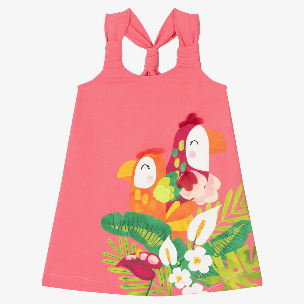 Mayoral - Girls Pink Cotton Parrot Dress | Childrensalon