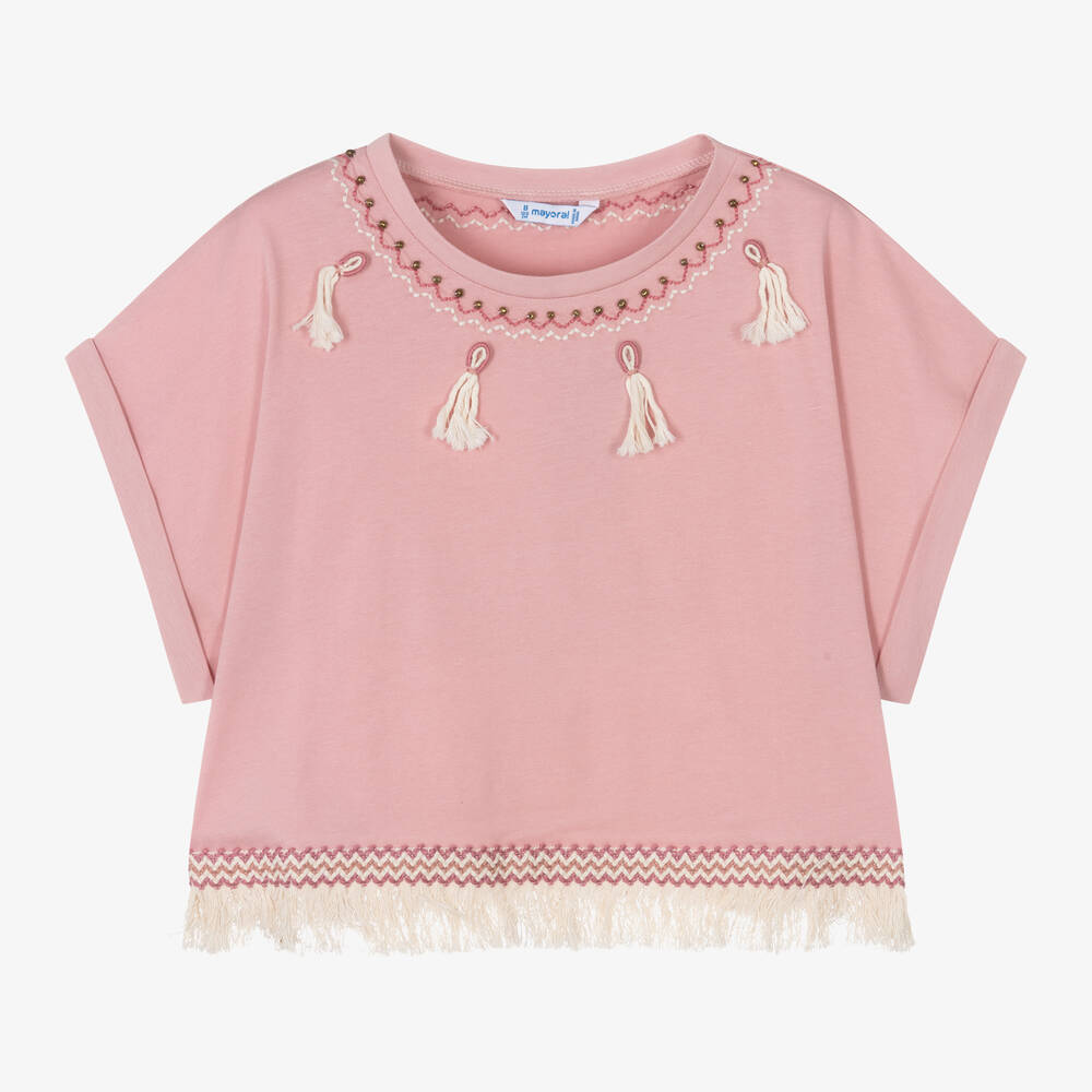 Mayoral - Girls Pink Cotton Tassel T-Shirt | Childrensalon