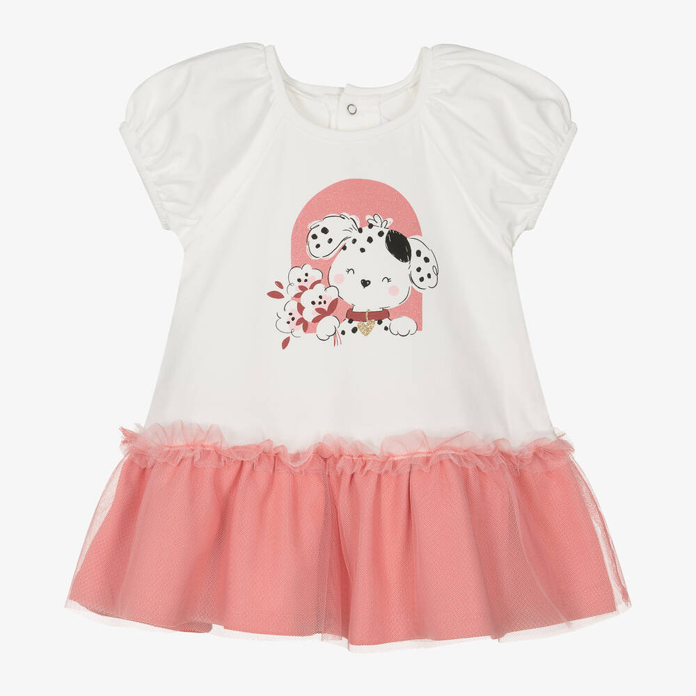 Mayoral - Girls Pink Cotton & Tulle Dog Print Dress | Childrensalon