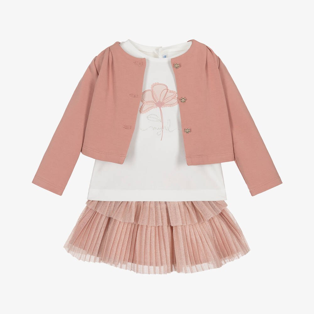 Mayoral - Girls Pink Cotton & Tulle Skirt Set | Childrensalon