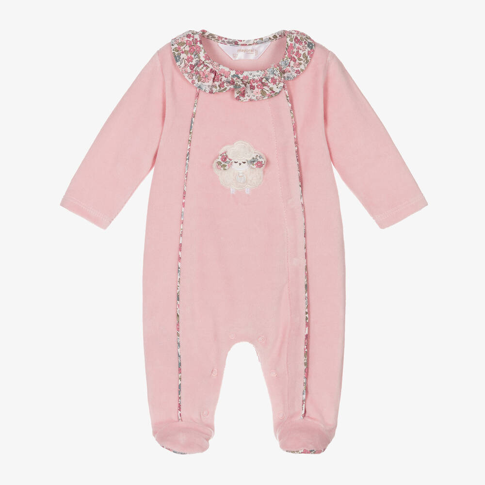 Mayoral Newborn - Girls Pink Cotton Velour Sheep Babygrow | Childrensalon