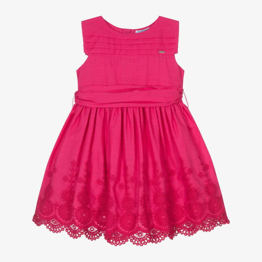 Mayoral - Girls Pink Embroidered Cotton Dress | Childrensalon