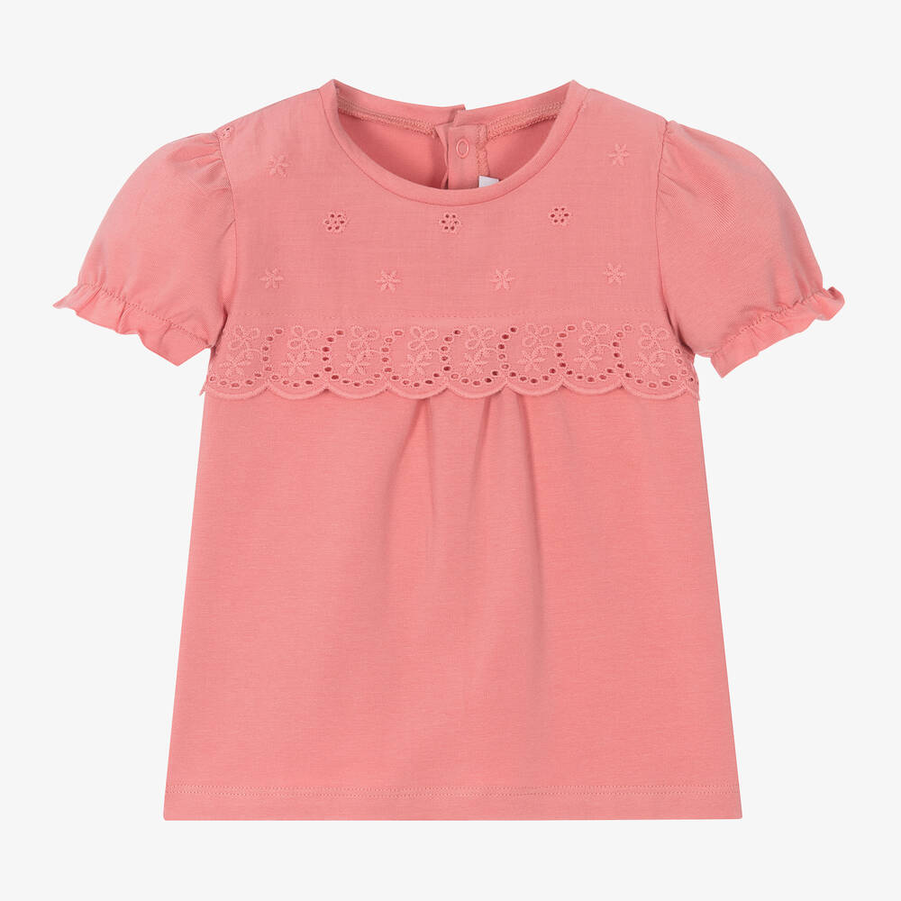 Mayoral Babies' Girls Pink Embroidered Cotton T-shirt