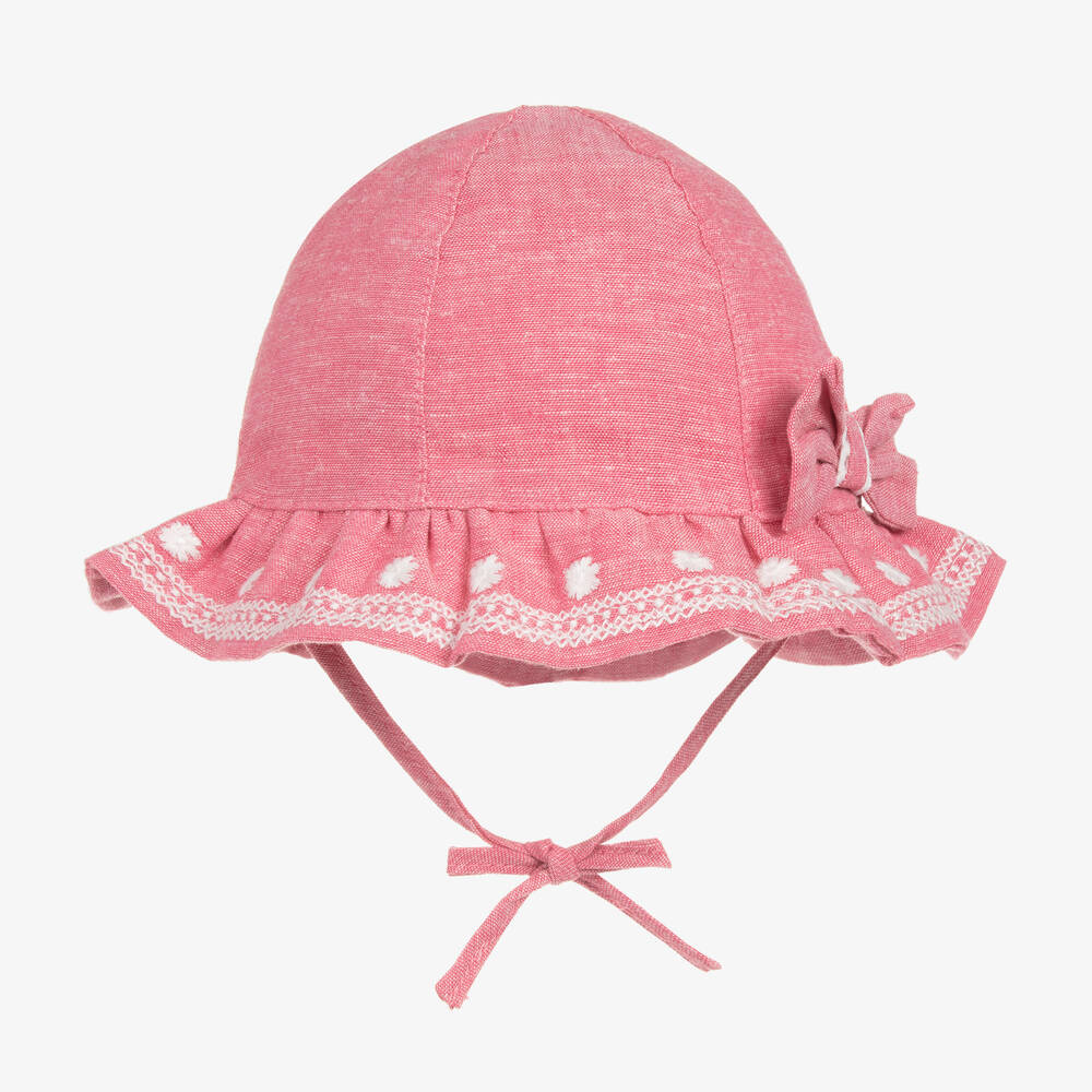 Mayoral - قبعة للشمس قطن وكتان مطرزة لون زهري للبنات  | Childrensalon