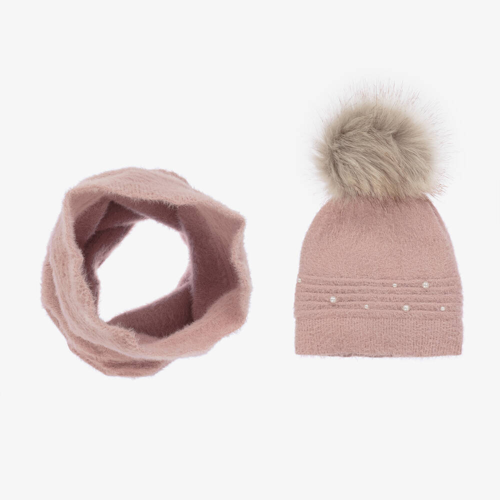 Mayoral - Girls Pink Faux Pearl Hat & Snood Set | Childrensalon