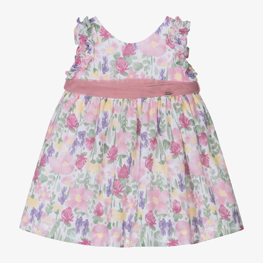 Mayoral - Girls Pink Floral Cotton Muslin Dress | Childrensalon