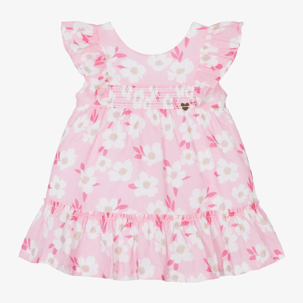 Mayoral - Girls Pink Floral Cotton Shirred Dress | Childrensalon