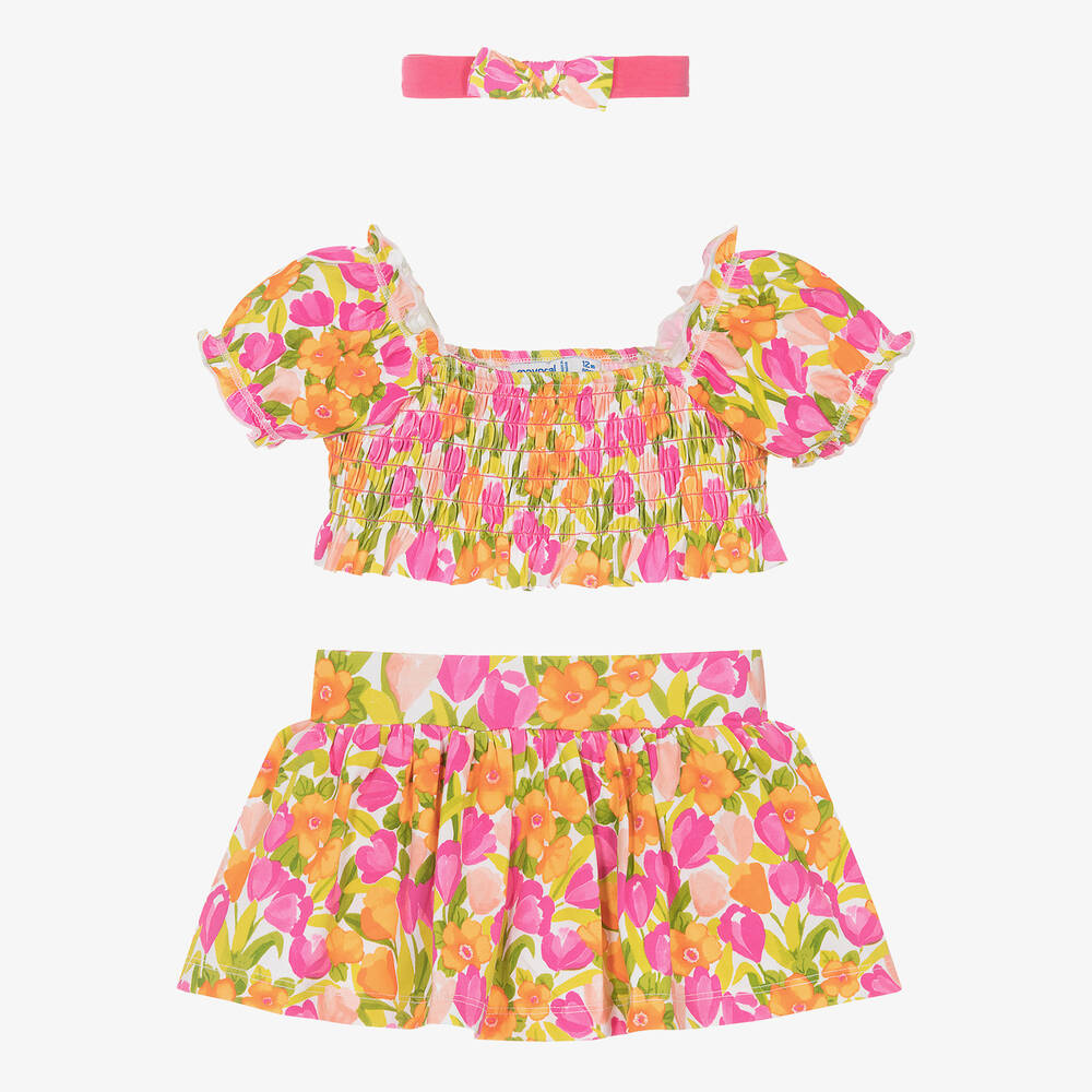 Mayoral - Girls Pink Floral Cotton Skirt Set | Childrensalon