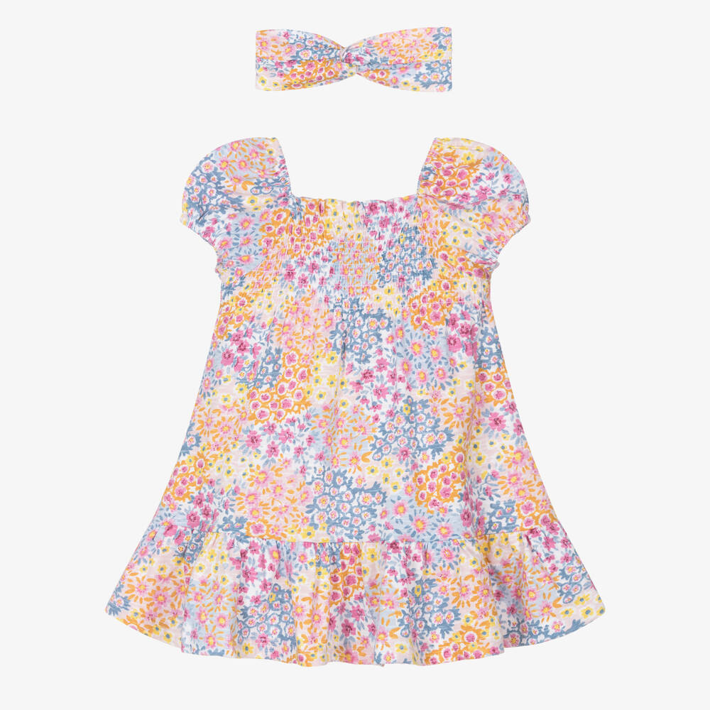 Mayoral - Girls Pink Floral Print Cotton Dress Set | Childrensalon