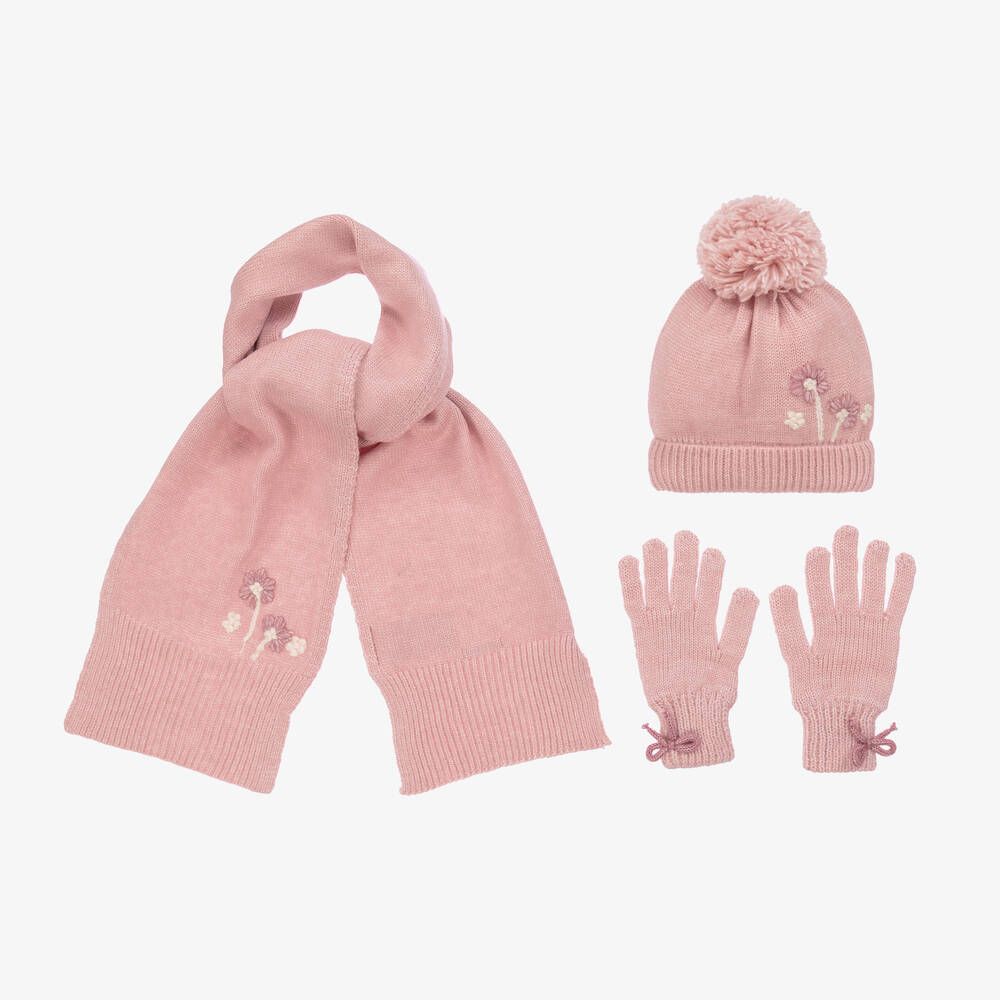 Mayoral - Girls Pink Knitted Flower Hat Set | Childrensalon