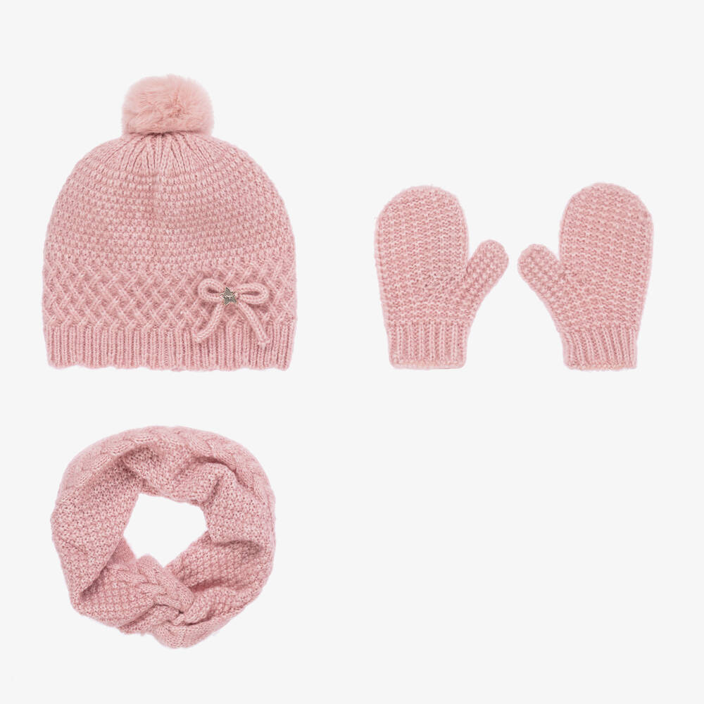 Mayoral - Girls Pink Knitted Hat & Snood Set | Childrensalon